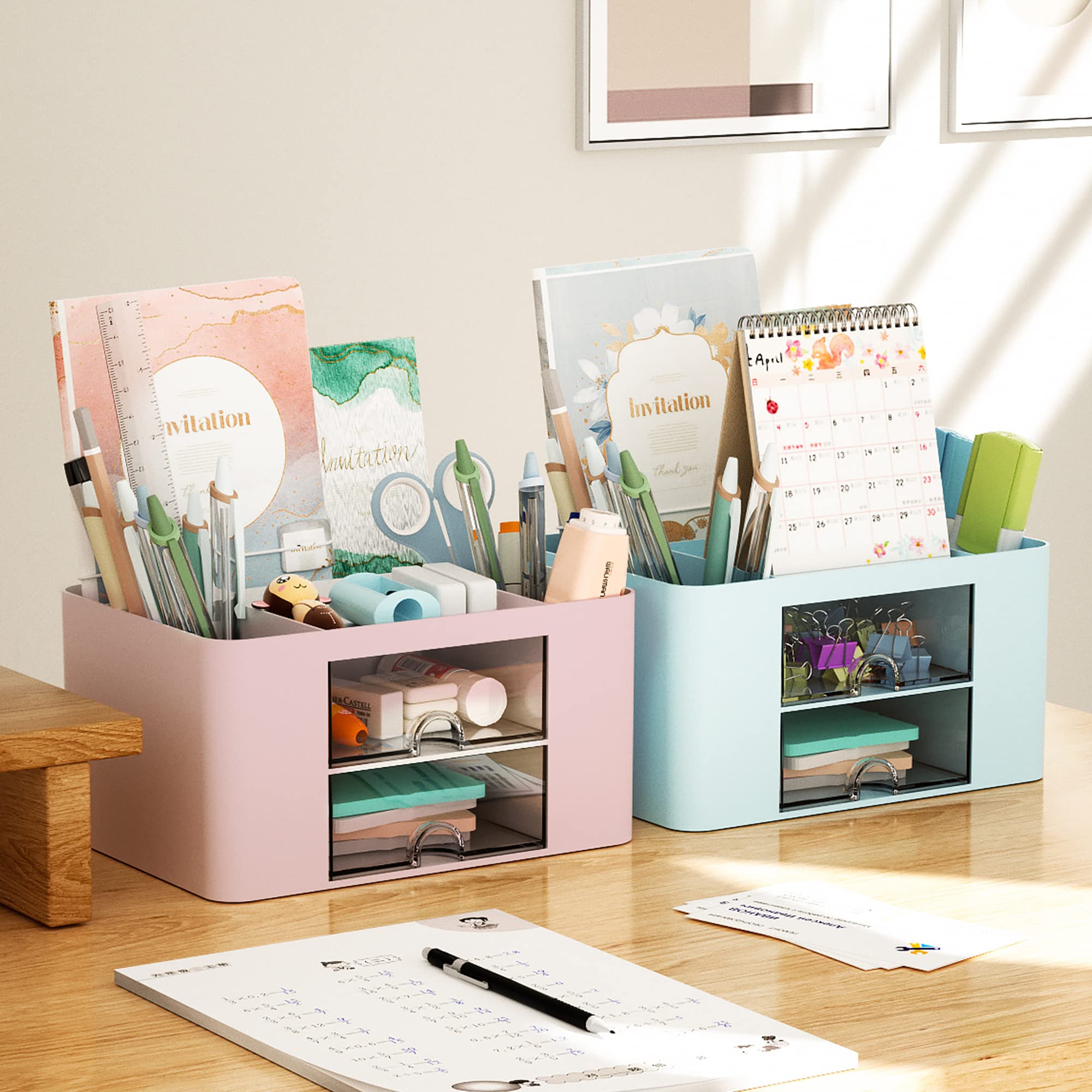Marbrasse Pen Organizer with 2 Drawer, Multi-Functional Pencil Holder for Desk, Desk Organizers and Accessories with 5 Compartments + Drawer for Office Art Supplies (Blue) Dormly