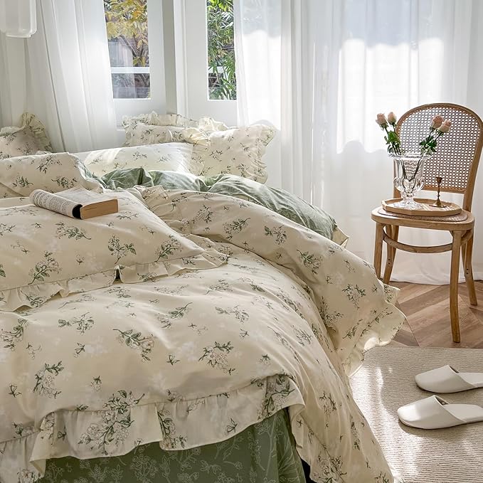 mixinni Reversible Green Floral Duvet Cover Set Full Size - 100% Cotton Botanical Bedding Set with Ruffle Lace, 3PCs Beige Soft Aesthetic Cottagecore Style Duvet Cover for Girls