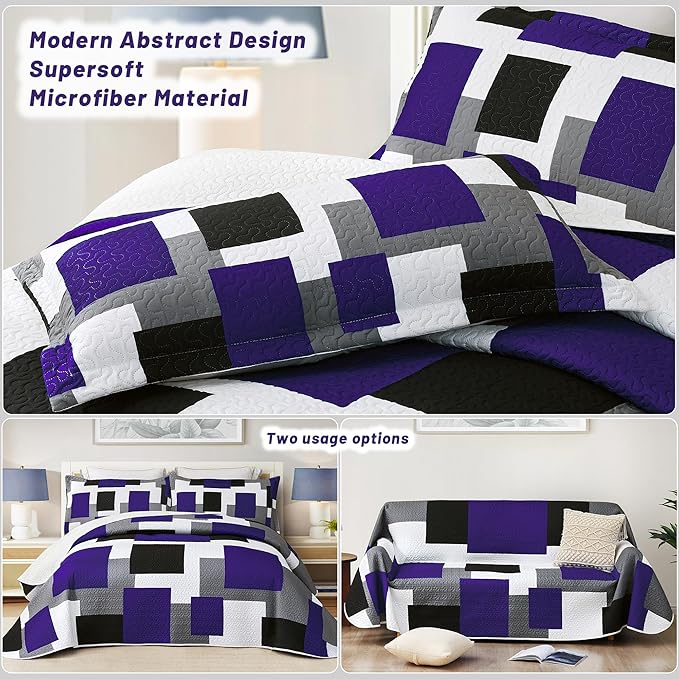 3 Piece Dark Purple Grey Quilt Set Full/Queen Size Black White Geometric Reversible Bedding Set Microfiber Lightweight Bedspread Coverlet with 2 Shams Modern Bed Covers for All Season, 90''x96''