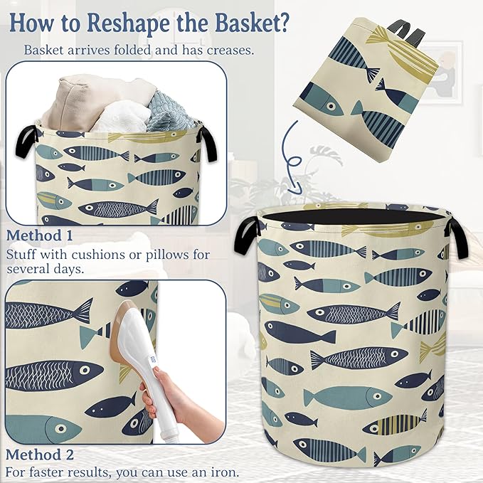 Cute Fish Laundry Basket,Foldable Oxford Cloth Boho Laundry Hamper with Handles, 20.8"x16" Tote Bag Clothes Storage Bucket for Laundry Room/Bathroom/Bedroom/Dormitories