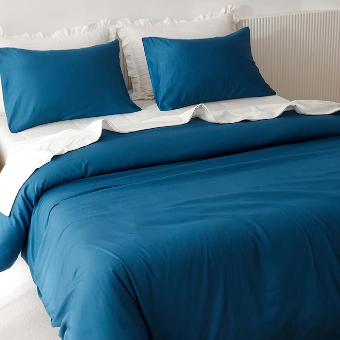 HeimenAogo Extra-Long Staple Cotton Duvet Cover Set California King Sateen Weave, Silky Soft Breathable Comforter Cover with Zipper Closure, High TC Egyptian Cotton Blanket Cover 3Pcs Deep Water Blue