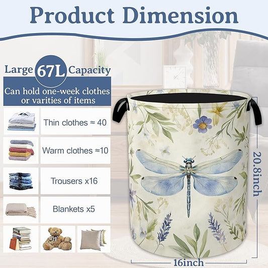 Vintage Dragonfly Laundry Basket,Foldable Waterproof Oxford Cloth Tote Bag Flower Plant Vintage Laundry Hamper with Handles,20.8"x16" Clothes Storage Bucket Organizer for Laundry Room Bathroom Bedroom