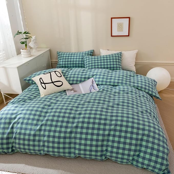 VM VOUGEMARKET 3 Pieces Plaid Duvet Cover Set King Washed Cotton Green Blue Checkered Printed Comforter Cover with Zipper Soft Lightweight & Breathable Quilt Cover Set King