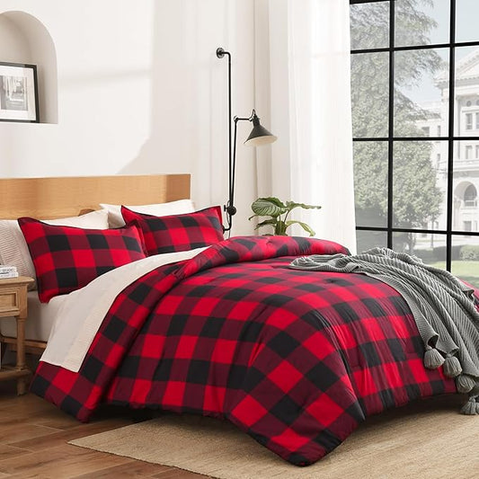 Andency Red and Black Plaid Comforter Set King(104x90Inch), 3 Pieces Buffalo Plaid Checkered Gingham Bedding Comforter Sets, Soft Burgundy Lightweight Geometric Down Alternative Bed Set