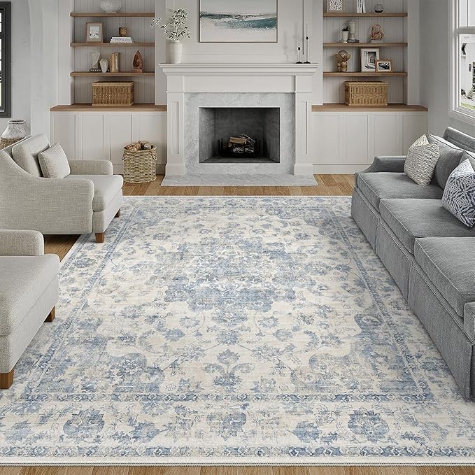 10x14 Neutral Area Rug Blue Vintage Living Room Bedroom Washable Carpet Non-Slip Soft Low Pile Floral Indoor Large Throw Rug for Dining Room Office