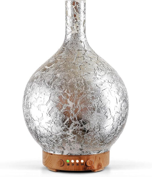 Porseme Silver Plated Essential Oil Diffuser Glass Aromatherapy Ultrasonic Humidifier Cool Mist, Auto Shut-Off,Timer Setting, BPA Free for Home Hotel Yoga Leisure SPA Office Premium Gift 150ml