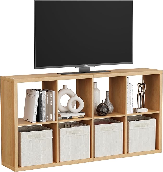 8 Cube Storage Organizer, Cube Shelf with Heavy-Duty Thick Boards, 25.12" L x 9.37" W x 48.74" H, Smooth Easy-Clean Panels, Simple Assembly, for Living Room Bedroom Office, Natural-Oak