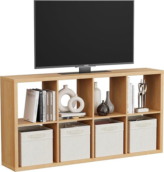 8 Cube Storage Organizer, Cube Shelf with Heavy-Duty Thick Boards, 25.12" L x 9.37" W x 48.74" H, Smooth Easy-Clean Panels, Simple Assembly, for Living Room Bedroom Office, Natural-Oak