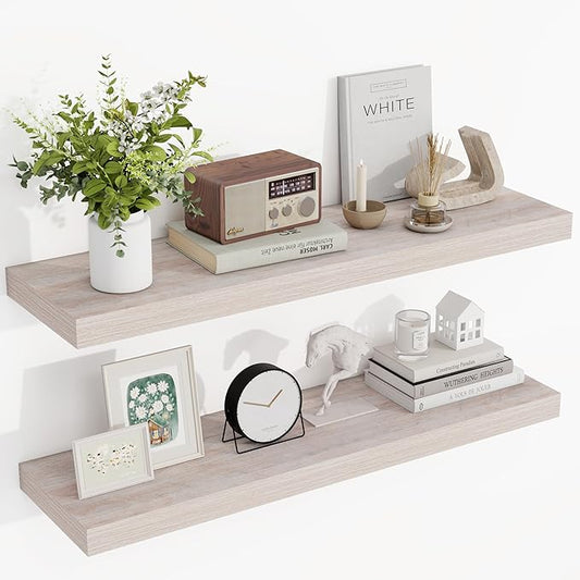 36 Inch Floating Shelves, 3D Textured Wood Grain, 36"x9.25"x1.5" Inch Deep Floating Shelves for Wall, Wooden Shelves for Bathroom, Bedroom, Living Room, Washed White, 2 Pieces