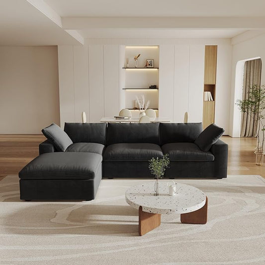 Cloud Modular Sectional Sofa with Storage Ottoman,120.45" L Shaped Couch for Living Room,Down Filled Convertible Couch Deep Seat for Office Apartment,Covers Washable&Replaceable (Black)