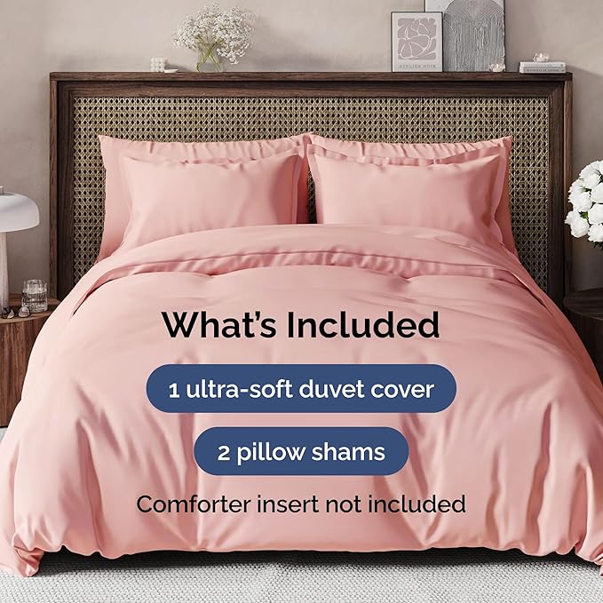Duvet Cover Full Size Set - Extra Soft Full Size Duvet Cover 80 x 90 with 2 Pillow Shams - Hotel Luxury, Easy Care and Fade Free w/Zipper Closures & Ties - Comfy Breathable Bedding Set (Baby Pink)