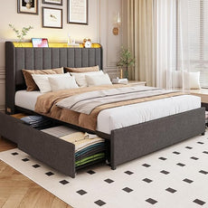 Full Bed Frame with 4 Drawers and Storage Headboard, Upholstered Platform Bed Frame Full Size with Led Lights and Handy Charging Station, No Box Spring Needed, Easy Assembly, Noise Free, Gray