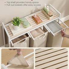 VASAGLE Laundry Hamper, Laundry Basket Sorter with 3 Pull-Out and Removable Bags, Shelf, Metal Frame, 3 x 10.6 Gallons (40 L), 36.4 x 13 x 28.4 Inches, Cappuccino Beige and Natural Beige UBLH301LH01