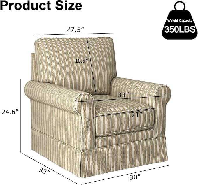 INZOY Swivel Accent Chair Linen Mid Century Modern Chair, Comfy Swivel Barrel Reading Chair, Upholstered Square Chair for Living Room Bedroom Small Spaces, Fully Assembled, Brown Stripe