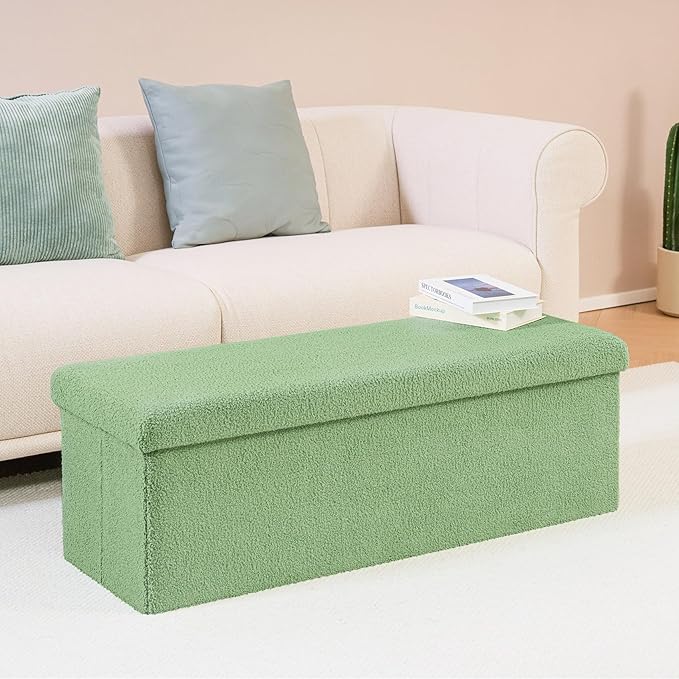 PINPLUS Storage Ottoman Bench Sherpa Ottoman Foot Rest, Foldable Boucle Ottomans Large Storage Box Entryway Bench for Dorm, Green 43.3'' x 15'' x 15''