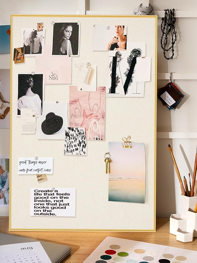 Bulletin Board 30 x 20 inches, Oatmeal White Pin Board Vision Board, Golden Aluminum Framed Fabric Cork Board with 10 Push Pins