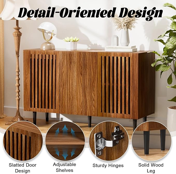 CHUWELL Farmhouse Storage Cabinet, 94.4" Buffet Cabinet with 6 DIY Doors and Adjustable Shelf, Sideboard Coffee Bar with Solid Wood Feet for Kitchen,Dining Room,Living Room,Brown
