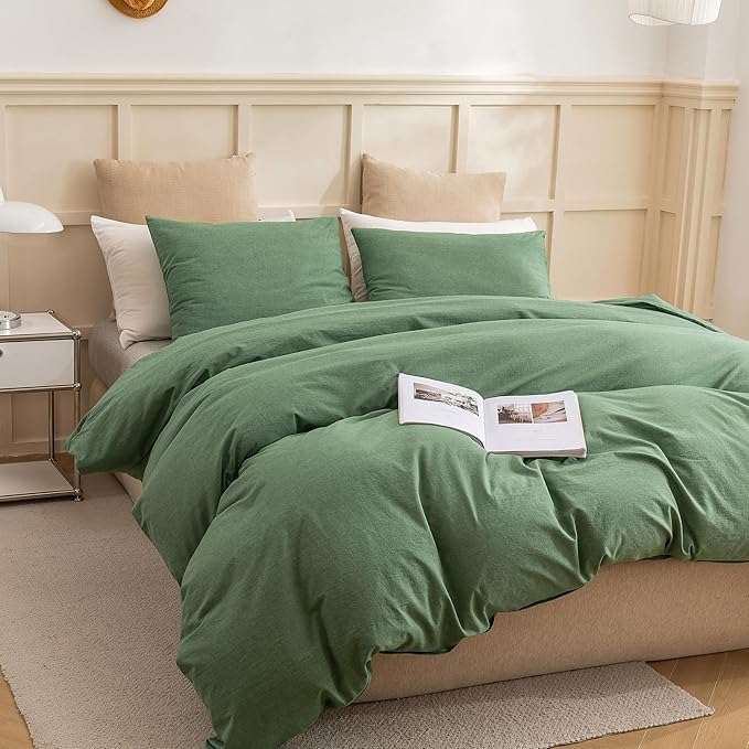 ECOCOTT Sage Green Duvet Cover Queen Size, 3 Piece 100% Washed Cotton 1 Duvet Cover with Zipper and 2 Pillowcases, Ultra Soft and Easy Care Breathable Cozy Bedding Set(Sage Green, Queen)