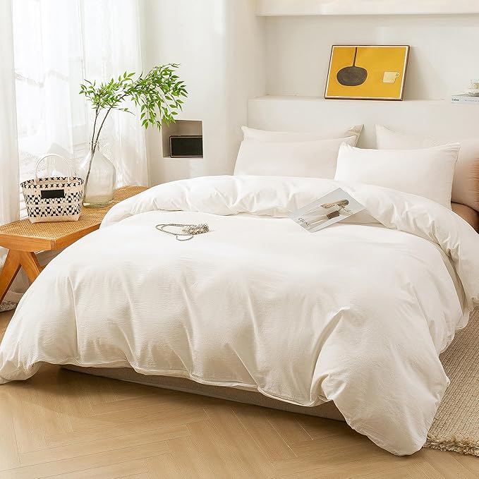 ECOCOTT 100% Washed Cotton Duvet Cover Twin Size – Soft & Breathable Linen Feel Bedding Set, 3 Pieces White Comforter Cover with Zipper Closure for All Seasons