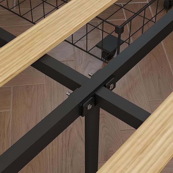 Panana 14 Inch Full Size Bed Frame,Industrial Metal Platform Bed Frame with 2 Tier Storage Wooden Headboard and Footboard,4 Storage Drawers,No Box Spring Needed,Black&Grey