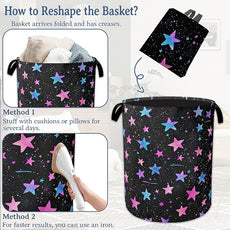 Blue Pink Stars Laundry Basket,Oxford Cloth Laundry Hamper With Handle Foldable Portable Clothes Storage Basket for Laundry Room/Bedroom/Bathroom 20.8