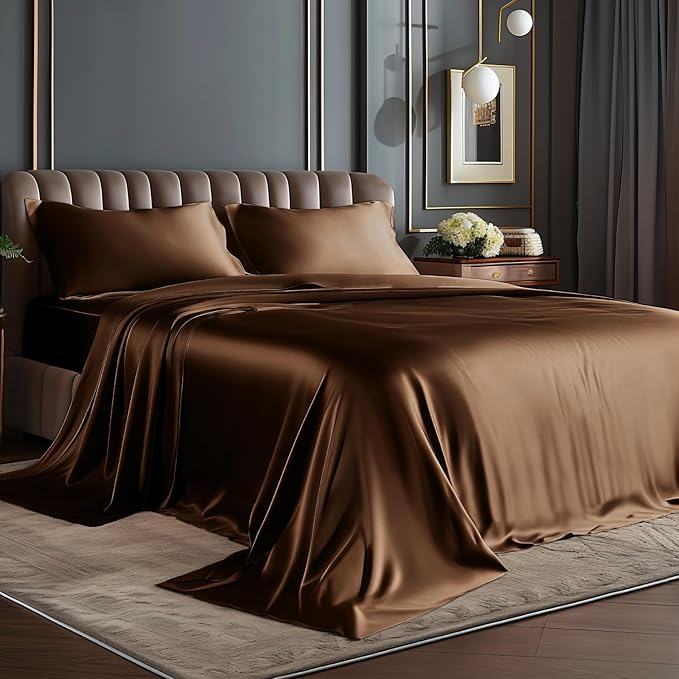 BEDELITE California King Sheets Set, Luxury Soft Brown Satin Sheets for Hair and Skin, Similar to Silk Bed Sheets Set 4 Pieces with 1 Deep Pocket Fitted Sheet, 1 Flat Sheet, and 2 Pillowcases