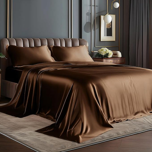 BEDELITE Satin Sheets Twin XL Size Bed Set, Luxury Soft Brown Silky Sheets for Hair and Skin, Similar to Silk Bed Sheets Set 3 Pieces with 1 Deep Pocket Fitted Sheet, 1 Flat Sheet, and 1 Pillowcase