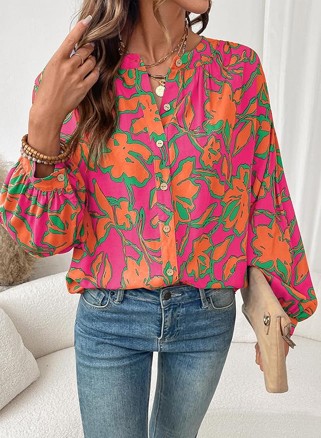 Astylish Womens 2026 Boho Floral Loose Spring Summer Tops Lantern Sleeve Flowy Blouses V Neck Button Down Shirts