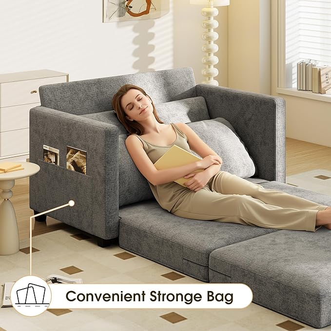 51" Convertible Sofa Bed, 2 in1 Folding Sofa Bed, Loveseat Sleeper Sofa for Small Spaces, Fold Out Floor Couch with 2 Pillows for Apartment, Living Room & Guest Room, Grey Chenille Fabric