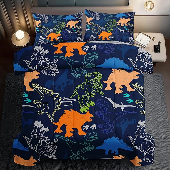 Blue Dinosaur Comforter Set Twin Boys,Cute Dinosaur Bedding Set Twin for Kids,Kawaii Dragon Comforter Blue Bedroom Decor,Cute Animal Bedding Kawaii Animal Quilt Boys