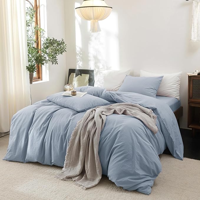 FOSSA Duvet Cover Set 100% Washed Cotton Linen Feel Super Soft Breathable Cozy 3 Pieces Bedding Sets Solid Sky Blue King