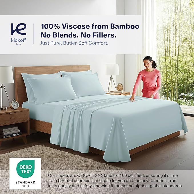 Kickoff Viscose Bamboo Sheets California King Size 4-pc 100% Organic Bamboo Viscose Bed Cooling Sheets Cal King Set Cool Bedding for hot Sleepers Sheet, Flat, Fitted, Pillowcases (Coastal Blue, CK) KickoffHome
