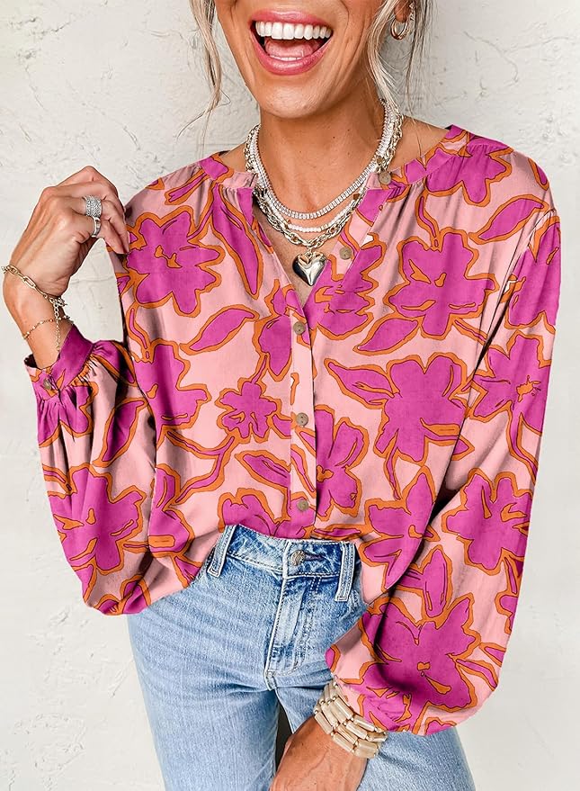 Astylish Womens 2026 Boho Floral Loose Spring Summer Tops Lantern Sleeve Flowy Blouses V Neck Button Down Shirts