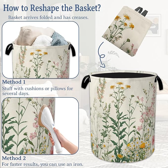 Wildflowers Laundry Hamper With Handle,Foldable Oxford Cloth Vintage Herb Flower Botanical Laundry Basket,20.8"x16" Clothes Storage Basket for Laundry Room/Bedroom/Bathroom