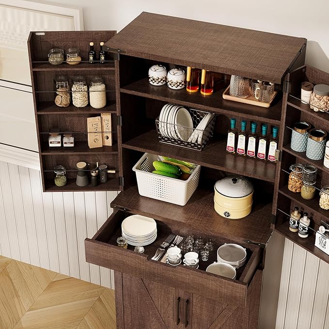 72" Tall Storage Cabinet, Kitchen Pantry Cabinet with Adjustable Shelves & Sturdy Steel Frame, Farmhouse Pantry Storage with 4 Barn Doors for Kitchen, Dining Room, and Living Room, Dark Grey