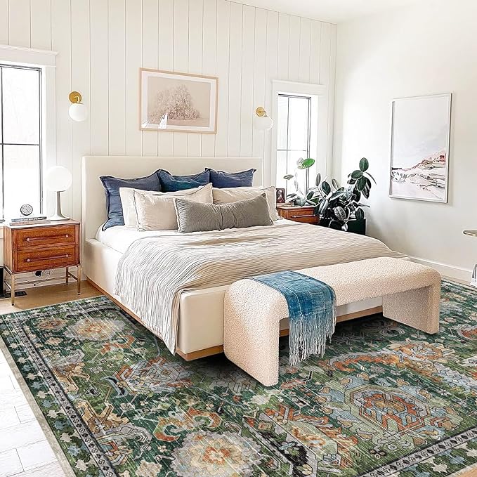 RUGSURE Washable Area Rugs - Perfect for Living Room, Bedroom, Kids Room, Nursery - Stain & Water Resistant Non-Slip, Pet & Child Friendly, Vintage Tribal Area Rugs (Green, 4' x 6')