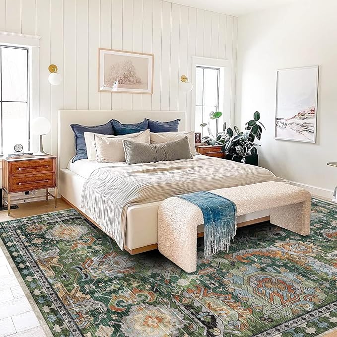 RUGSURE Washable Area Rugs - Perfect for Living Room, Bedroom, Kids Room, Nursery - Stain & Water Resistant Non-Slip, Pet & Child Friendly, Vintage Tribal Area Rugs (Green, 6' x 9')