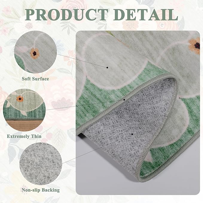 DUKINO Runner Rug, 2x7 Boho Kitchen Rug for Hallways with Low Pile Design, Washable Non Slip Backing Soft Floral Runner for Kitchen, Hallway, Entryway, Bedroom, Laundry, Green