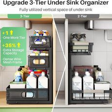 Kitstorack Under Sink Organizer, 2-Pack 3-Tier Height Adjustable Thickened Metal Pull out Cabinet Organizer Shelf, Slide out Storage Drawer Rack for Bathroom Kitchen Pantry Home Laundry Organization