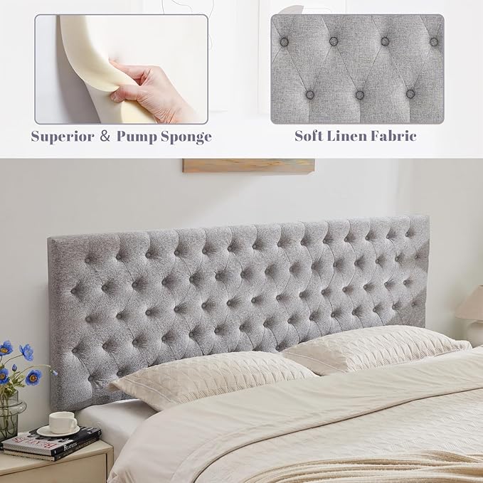 Kingfun Upholstered Queen Headboard Only, Premium Linen Button Tufted Headboards, Adjustable Solid Wood Head Board, Padded Headboard with Solid Wood Legs in Bedroom (Grey)