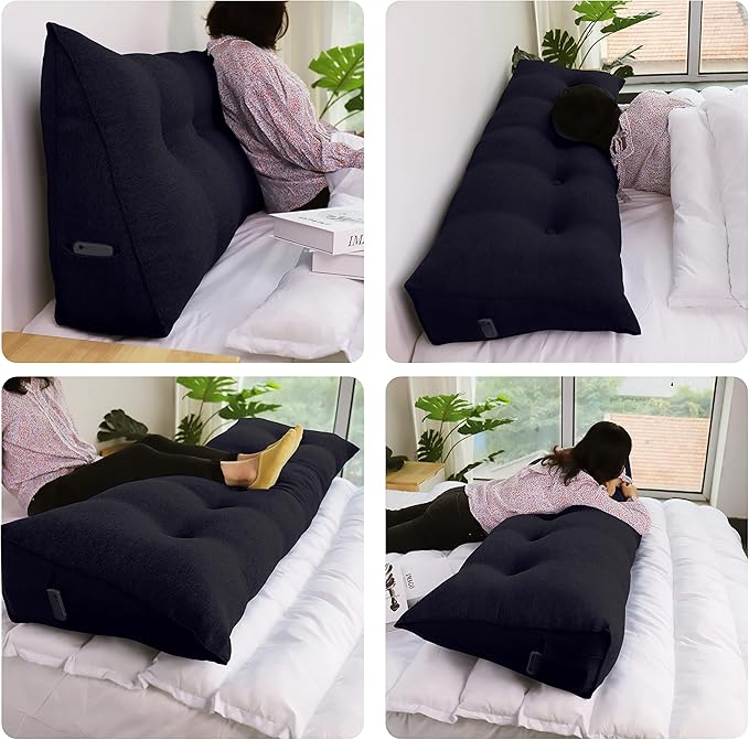 11 lbs Thickened Headboard Pillow Wedge Pillow Headboard Reading Pillow Bed for Comfortable Backrest Reading Triangular Pillow with Side Pocket Backrest Pillows for Sitting in Bed Black Queen