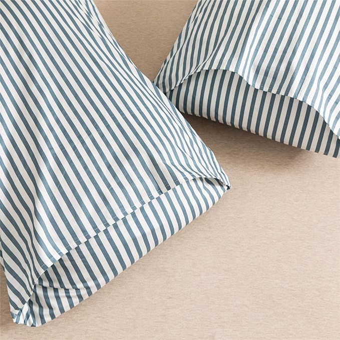 JELLYMONI 100% Natural Cotton 3pcs Striped Duvet Cover Sets,White Duvet Cover with Grayish Blue Stripes Pattern Printed Comforter Cover,with Zipper Closure & Corner Ties(King Size)