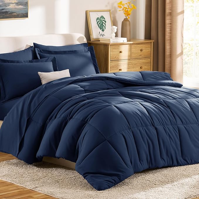 CozyLux Queen Comforter Set Navy Blue - 7 Pieces Bed in a Bag Queen, All Season Breathable Bedding Sets, Oeko-Tex Certified Bed Set with Down Alternative Comforter, Sheets, Pillowcases & Pillow Shams