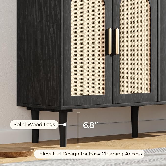 FONTOI Sideboard Cabinet with Rattan Doors, Kitchen Buffet Cabinet with Storage, Modern Farmhouse Large Accent Cabinets Credenza for Entryway Dining Room, Black