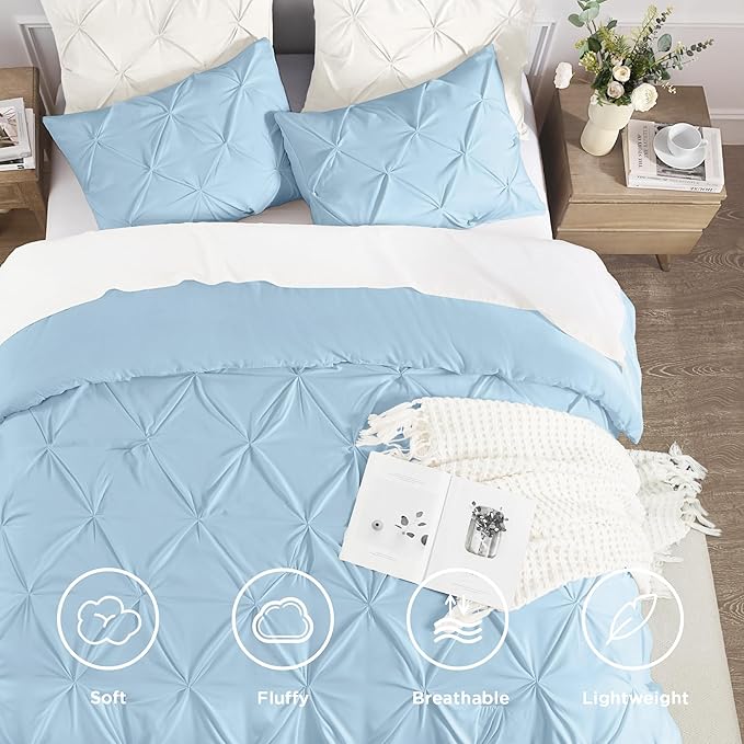 Andency California King Comforter Set Light Blue (104x96Inch), Pinch Pleat Cal King Comforter Set 3 Pieces, Oversized King Pintuck Bed Comforter, Microfiber Down Alternative Comforter Bedding Set