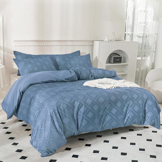 JELLYMONI Duvet Cover Twin Size Blue - 3PCS Boho Duvet Cover Set Plaid Polyester Tufted Bohemian Jacquard Knit Textured Comforter Cover 68×90in Rhombic Geometric Pattern Corner Ties & Zipper