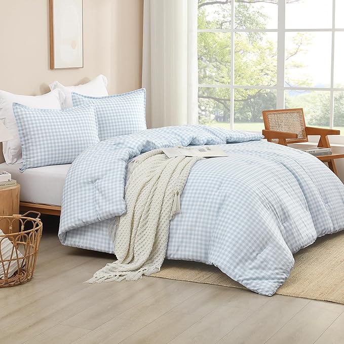 Andency Light Blue Gingham Comforter Set Twin(66x90Inch), Checkered Grid Plaid Buffalo Bed Set for Girls Boys Kids Teens, 2 Pieces Lightweight Microfiber Geometric Preppy Bedding