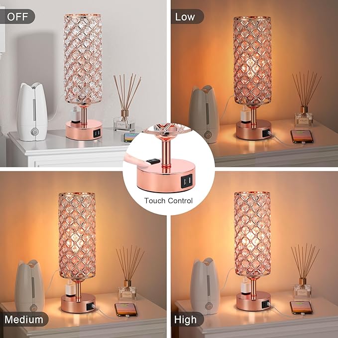 Hong-in Crystal Table Lamp, Rose Gold Bedroom Lamp with USB C+A Ports & AC Outlet, 3 Way Dimmable Light with Crystal Lampshade, Bedside Lamp Touch Light for Living Room, Charge Phone (Bulb Included)