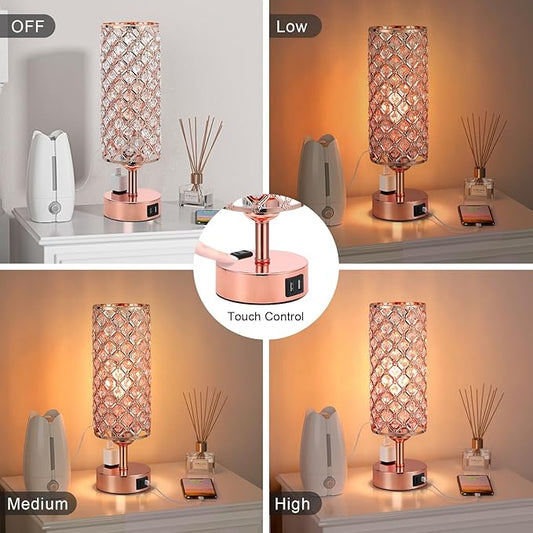 Hong-in Crystal Table Lamp, Rose Gold Bedroom Lamp with USB C+A Ports & AC Outlet, 3 Way Dimmable Light with Crystal Lampshade, Bedside Lamp Touch Light for Living Room, Charge Phone (Bulb Included)