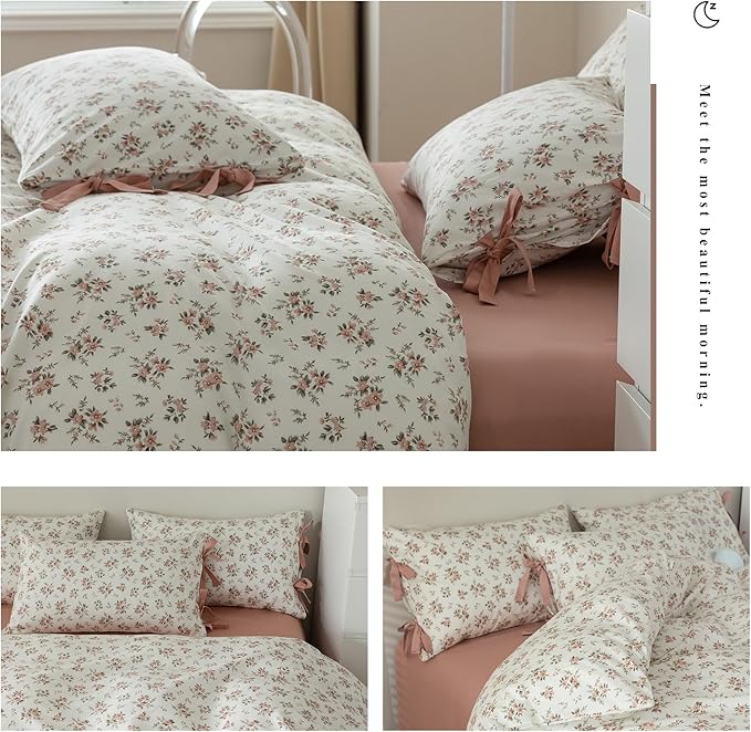 mixinni Vintage Style Girls Pale Pink Flower Pattern Duvet Cover Queen Soft Aesthetic Floral Cotton Bedding Set 1 Duvet Cover with 2 Bow Tie Pillowcases for Women-Queen Size